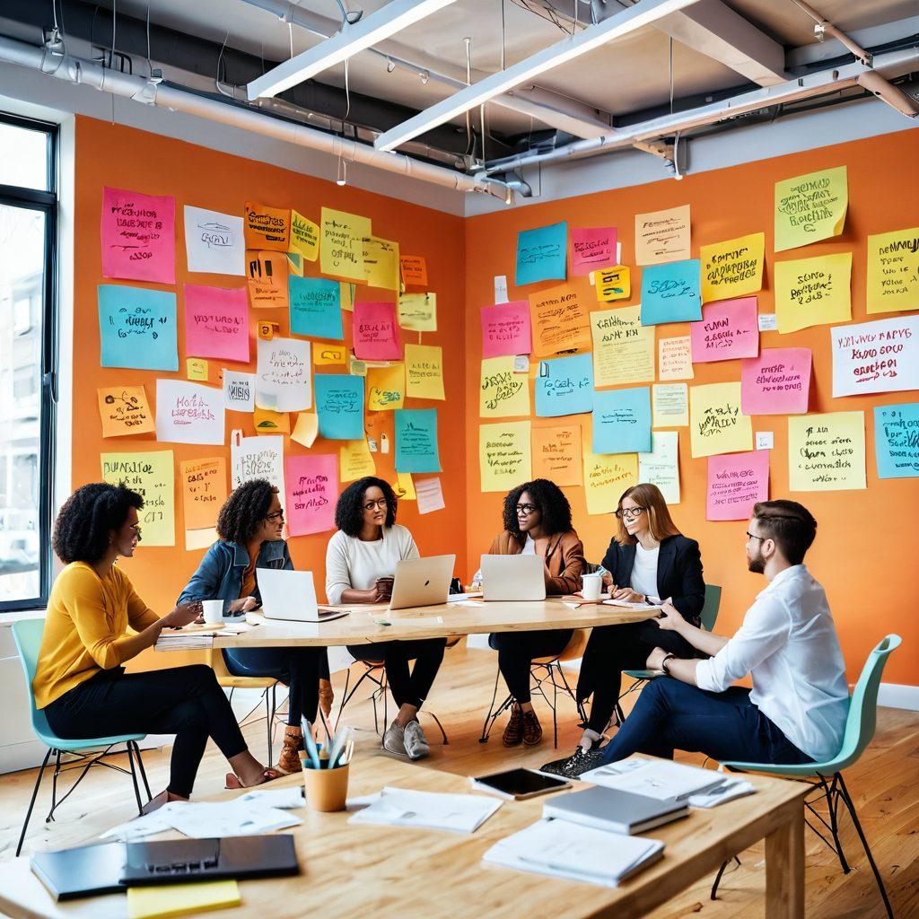A dynamic scene of diverse digital influencers engaged in a lively discussion, surrounded by floating words and phrases that symbolize connection and creativity. The background features a bright, modern workspace with laptops, coffee cups, and colorful sticky notes. Illustrate a sense of collaboration and inspiration through warm colors and light beams connecting the influencers. super-realistic. vibrant colors. modern style.