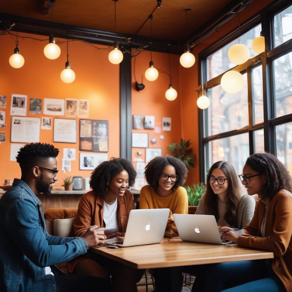A dynamic scene featuring a diverse group of bloggers brainstorming together in a cozy café setting, laptops open with vivid screens displaying their popular blogs. Above them, thought bubbles illustrate various famous communities like musicians, artists, and tech innovators. Networking icons like chat bubbles and connection lines overlay the image, symbolizing communication. Warm, inviting colors with a slightly blurred background to emphasize the main subjects. super-realistic. vibrant colors. cozy atmosphere.