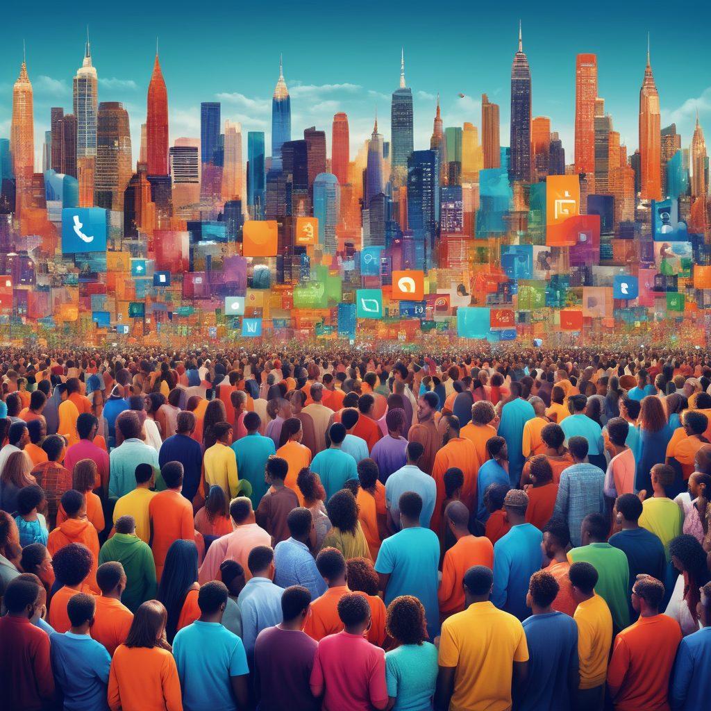 A vibrant collage showing diverse communities interacting, with people from various backgrounds engaged in discussions, sharing ideas, and collaborating on projects. Incorporate elements of social media icons subtly in the background, symbolizing connection and engagement. Include a backdrop of a colorful city skyline to represent growth and opportunity. super-realistic. vibrant colors. 3D.